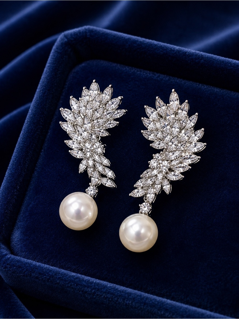 Royal Crystal Bloom Pearl Diamond Leaf Earrings